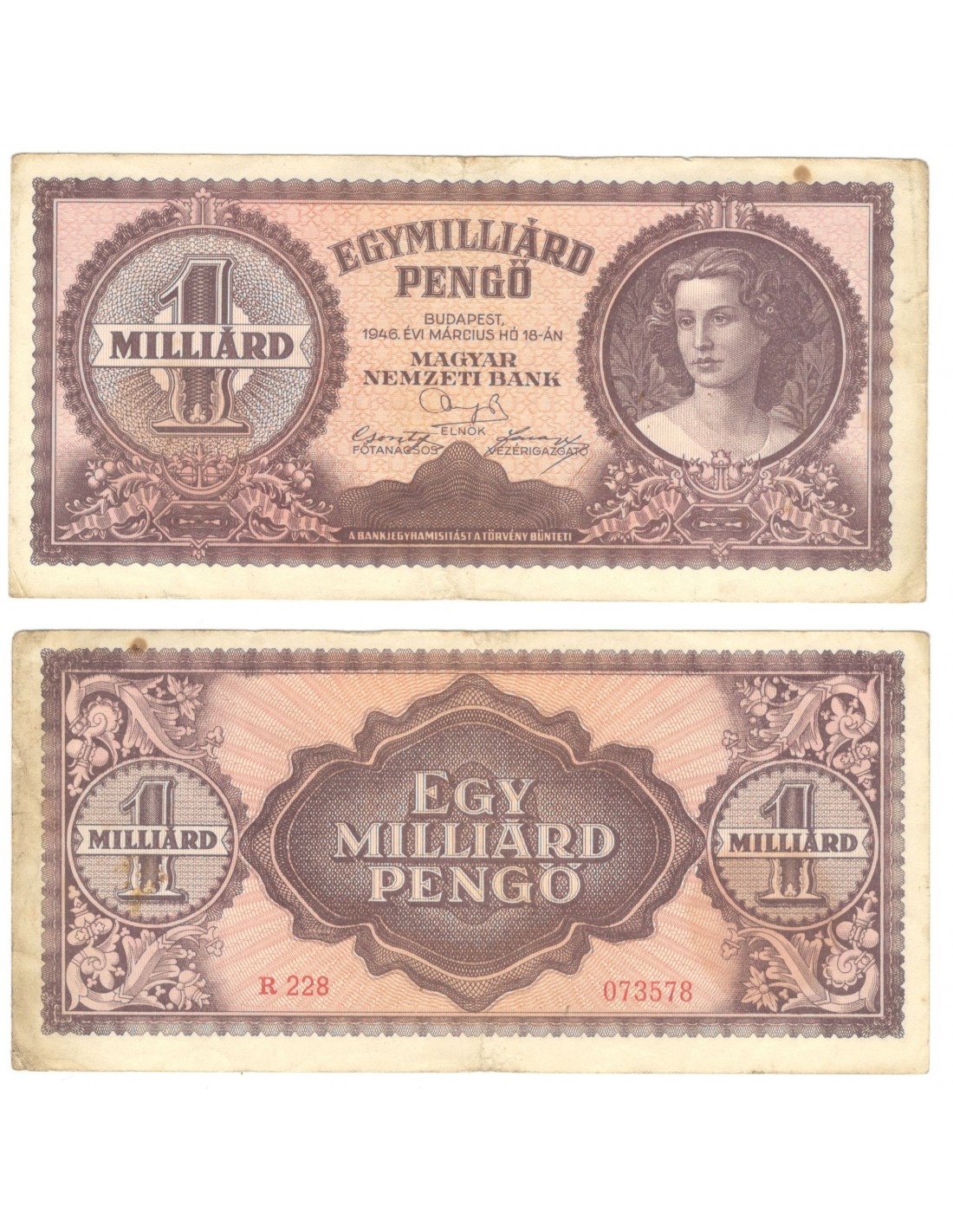 HUNGARY 1.000.000.000 PENGŐ 1946 REF: R228